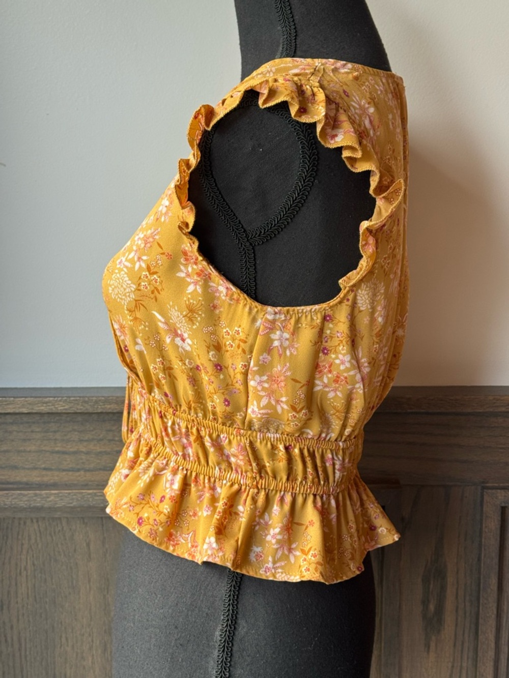Pink Rose Mustard Floral Wrap Peplum Top small Euc - Picture 2 of 6